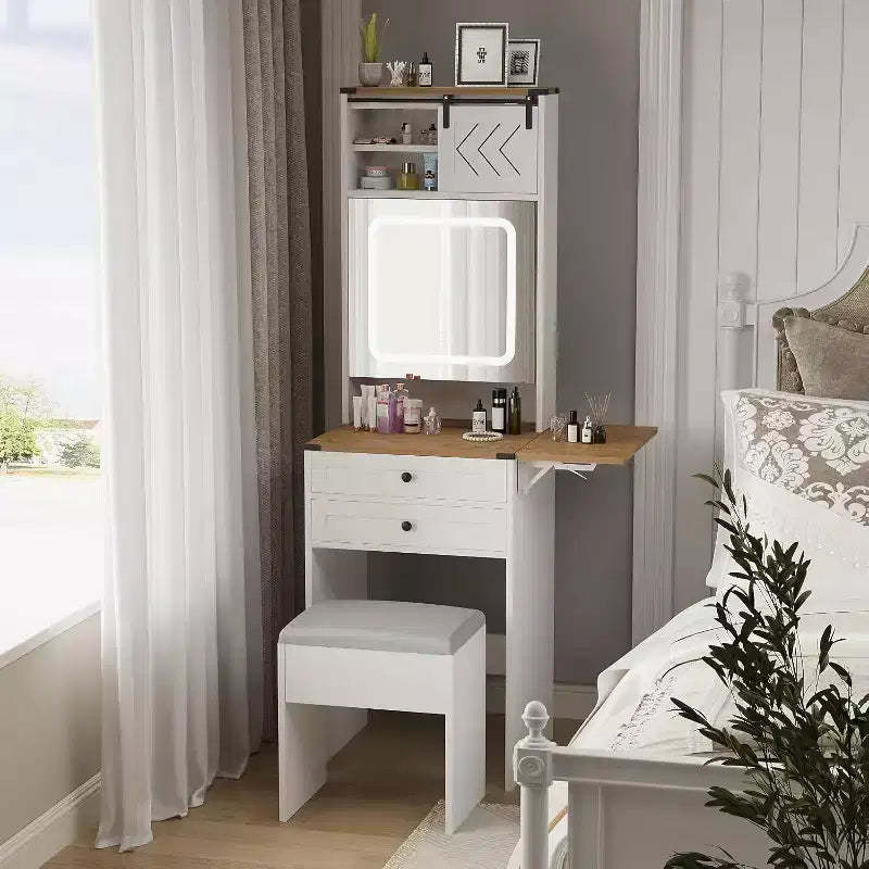 ELECWISH Vanity Desk with Mirror&Lights, Farmhouse Small Makeup Vanity with Fold Up Panel, 3 Light Modes, Storage Chair, Compact Dressing Table, White