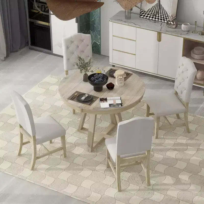 Whisen Retro Style 5-Piece Extendable Dining Set with 4-Botton Tufted Upholstered Chairs