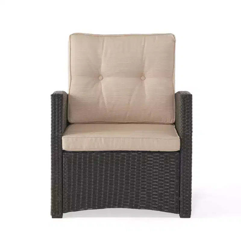 Christopher Knight Home Sanger Outdoor Wicker Club Chair with Button-Tufted Cushions, Dark Brown/Beige