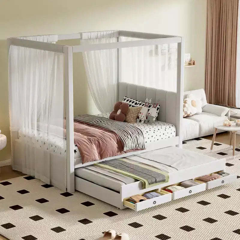 Twin/Full Size Upholstery Canopy Platform Bed with Trundle and 3 Storage Drawers-ModernLuxe