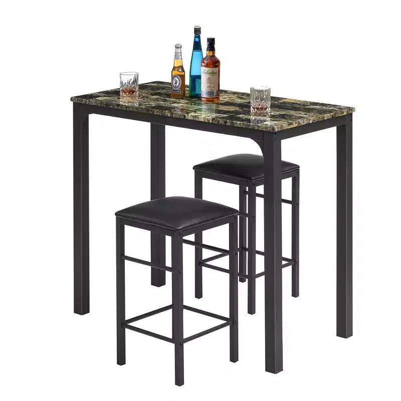 VECELO 3 Pieces Counter Height Bar Table and Chairs Set, Rectangular Kitchen Dining Set for 2 with PU Leather Chairs and Marble Table Top