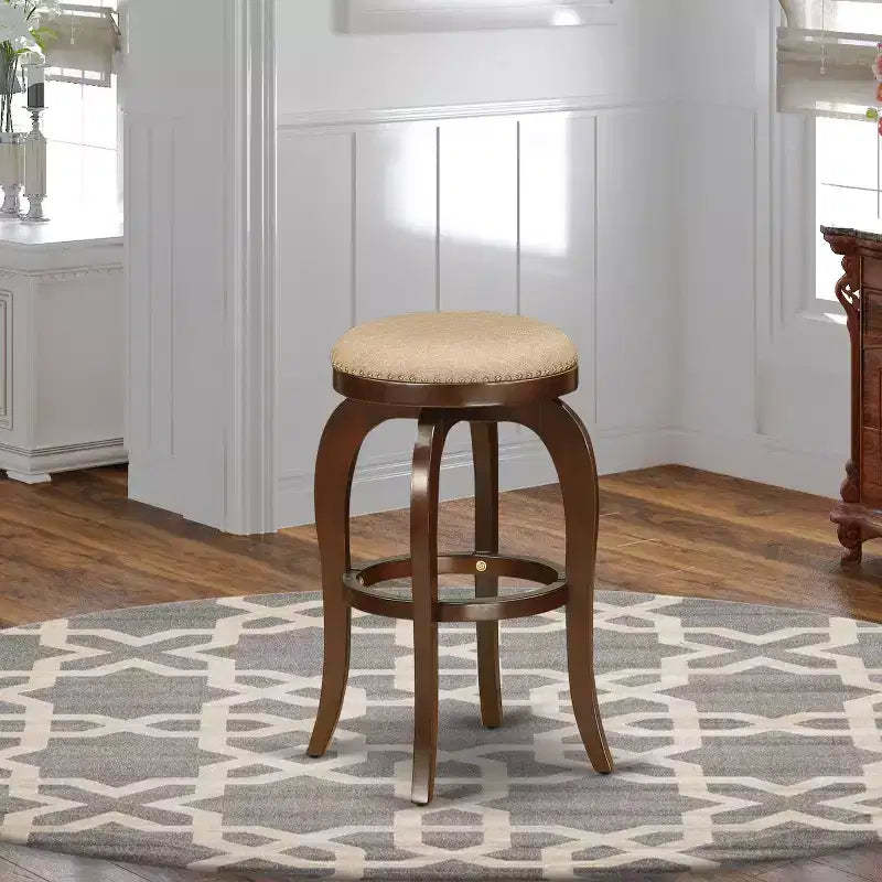 HomeStock 30 in.H Brown Finish Backless Wooden Counter Barstool in Round Shape with Faux Leather Upholstered