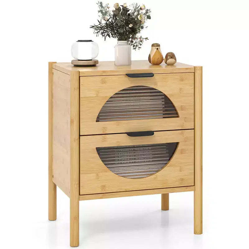 Costway 1/2 PCS Bamboo Nightstand with 2 Storage Drawers & Reeded Tempered Glass Fronts Bedroom