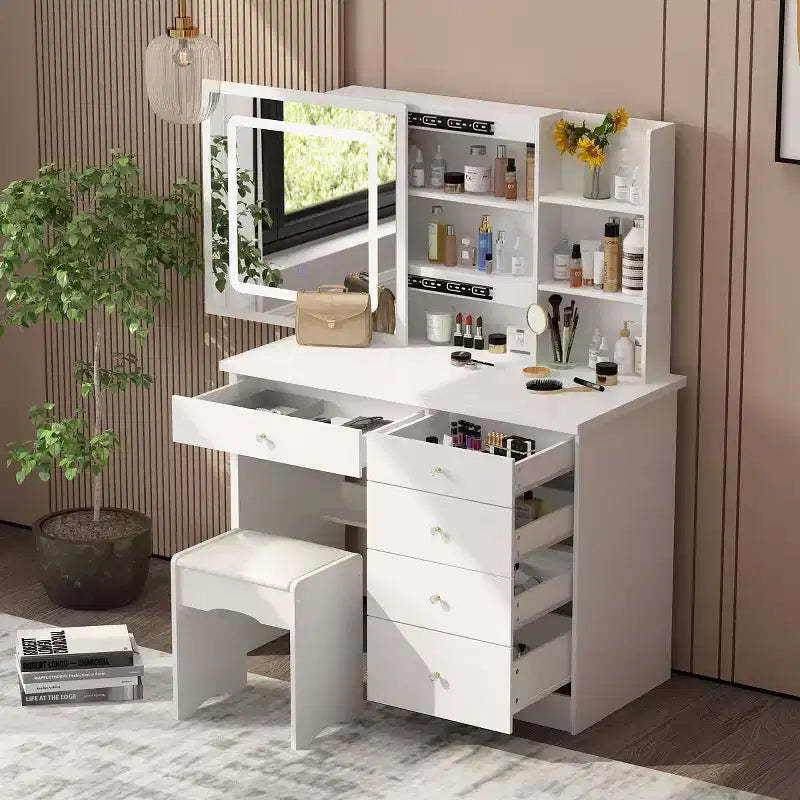 Famapy 39.4W Mirrored Vanity Table Makeup Vanity Set with Stool and Storage Drawers