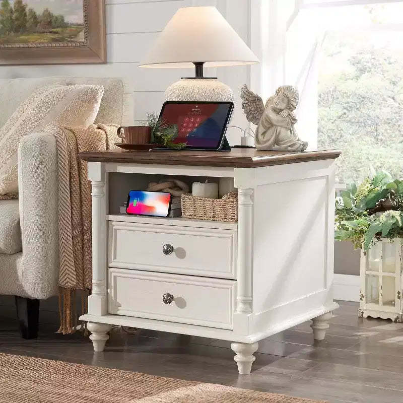 24 Farmhouse Nightstand wtih Charging Station, Square End Table Side Table with 4 Solid Wood Feet & 2 Drawers for Living Room, Bedroom
