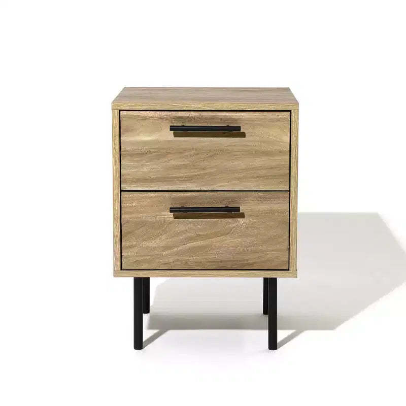 LuxenHome 21'' Mid-Century Modern Wave 2-Drawers End Table and Nightstand with Metal Legs Bedside Accent Side Table for Bedroom Living Room Brown
