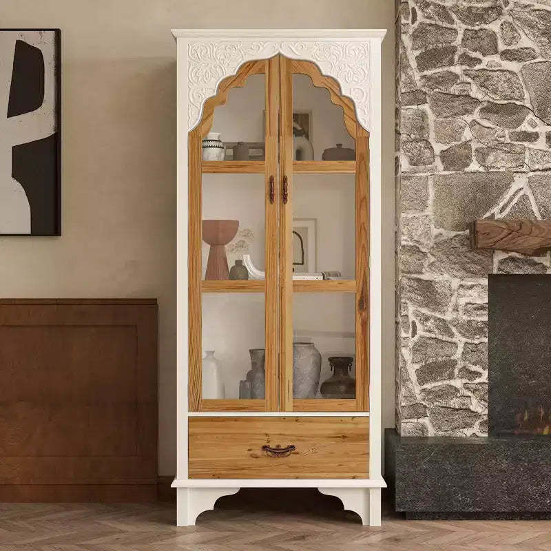 Famapy White Vertical Storage Cabinet Embossed Patterned Arched Glass Doors Bookshelves Display Cabinet Pantry Side Cabinet