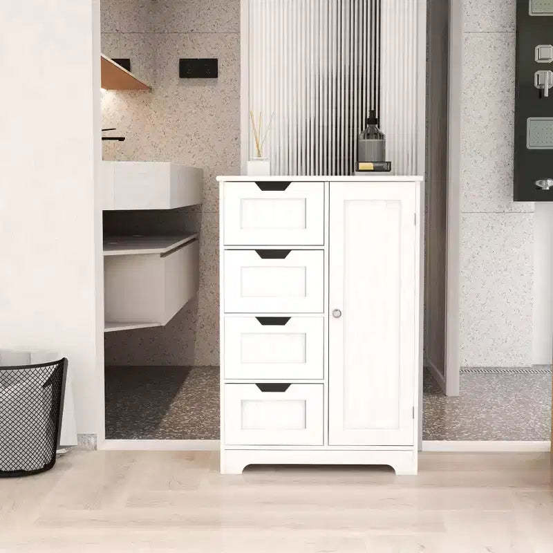 AndMakers 22.5 in. W. x 11.81 in. D x 32.68 in. H White Wood Linen Cabinet with 4 Drawers and 1 Door