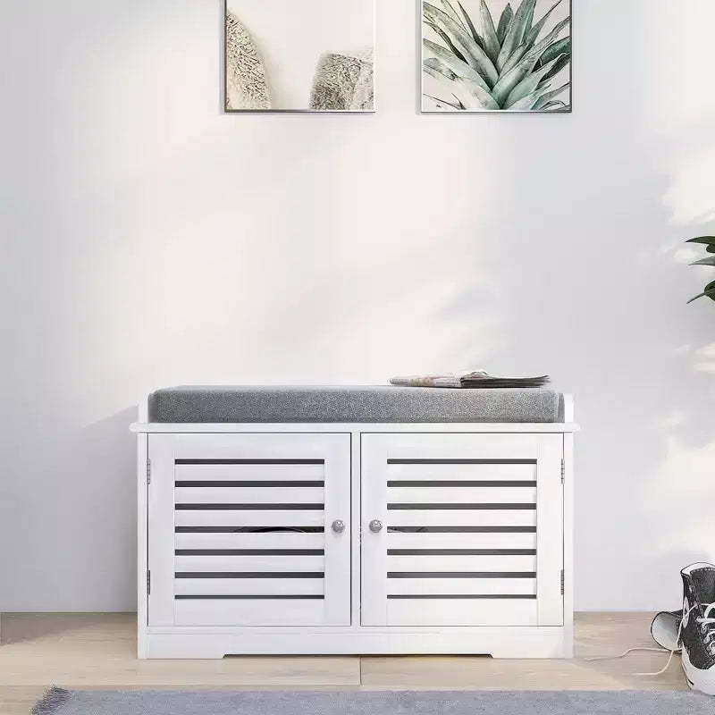 AndMakers White 28.74 in. Bedroom Bench with 2 Barn Doors