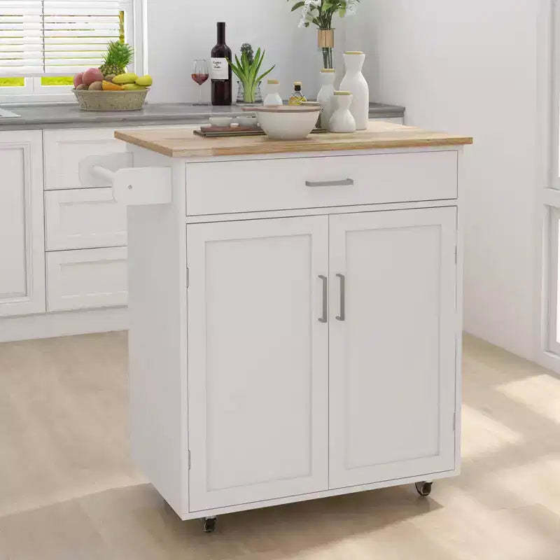 AndMakers White Wood 32.68 in. Kitchen Island with Towel Rack and Adjustable Shelves