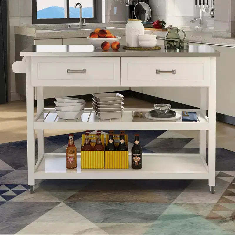 AndMakers White Wood 47.24 in. Kitchen Island with Stainless Steel Top and Wheels