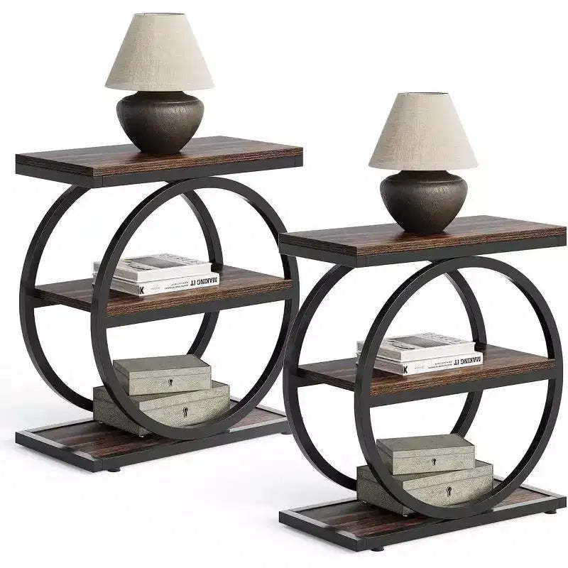 Lantine End Table Set, Bedside Table with 3 Tiers Shelves, 2PCS
