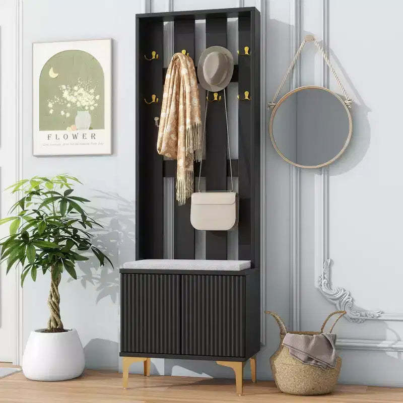 24''W 4 in 1 Modern Hall Tree Coat Rack Multifunctional Hallway Shoe Cabinet with Cushioned Storage Bench, Hooks and Adjustable Shelves-ModernLuxe