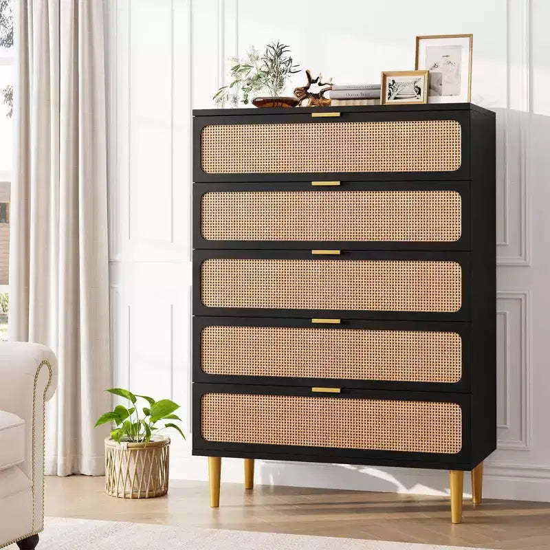 Rattan 5/6 Drawer Dresser for Bedroom, Large Double Dresser with Deep Drawers, Chest of Drawers for Closet with Wide Top