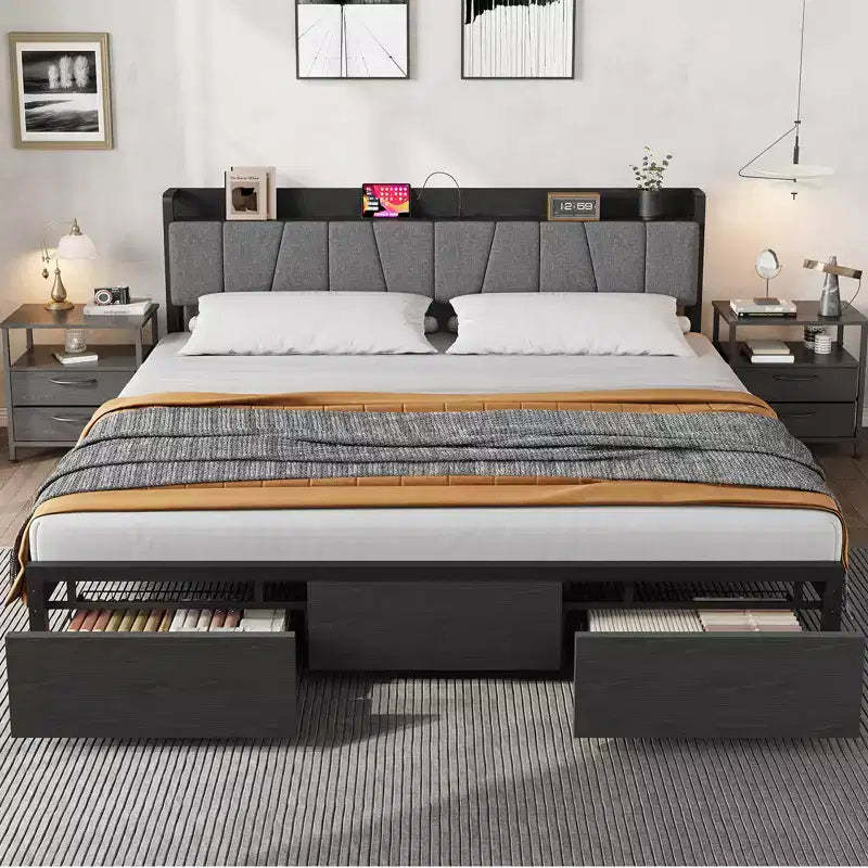 Whizmax King Size Bed Frame with Upholstered Headboard, Industrial King Platform Bed with 2 Storage Drawers and Charging Station, No Box Spring Needed