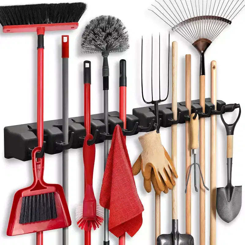 2 Pk Mop and Broom Holder Wall Mount - 5 Slots, 6 Hooks, 7.5lbs Capacity for Garage, Home, Kitchen, Closet, Laundry Room Organization Black Homeitusa