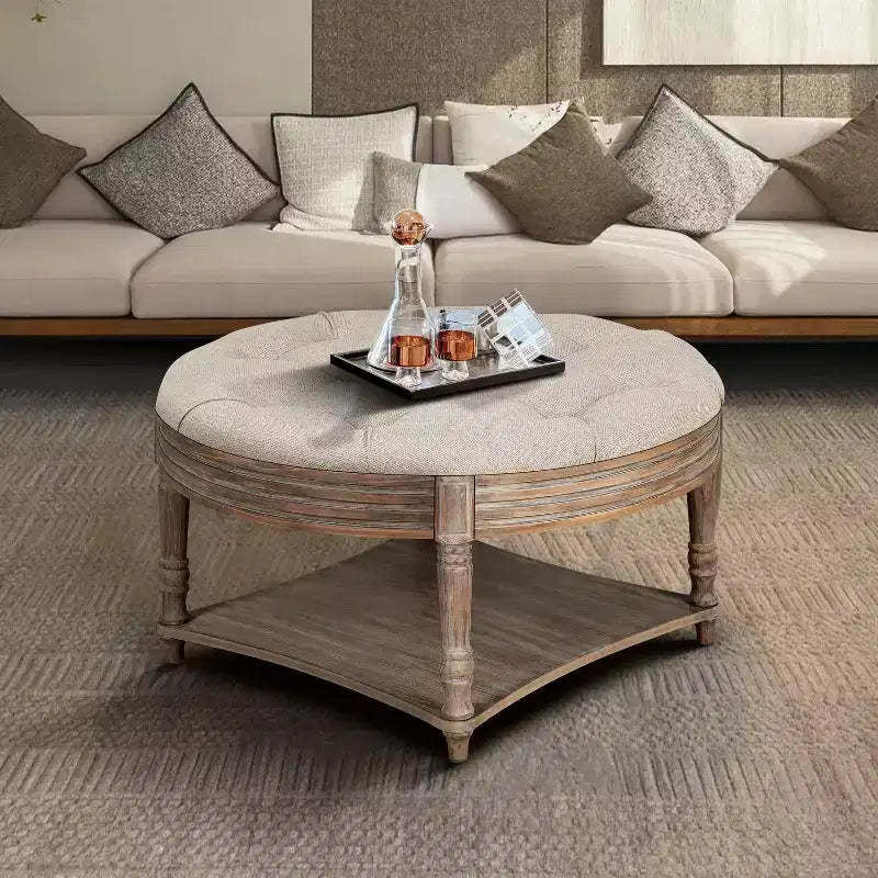 Large Round Ottoman Coffee Table,2 Tier Oversized Button Tufted Ottoman with Wooden Shelf Storage Farmhouse Upholstered Coffee Table
