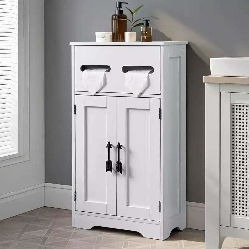 VECELO Bathroom Storage Cabinet Wooden Floor Cabinet with 2 Doors & Roll Toilet Paper Holder, White