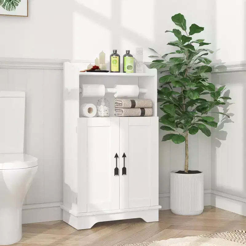 VECELO Bathroom Storage Cabinet Wooden Floor Cabinet with 2 Doors & Roll Toilet Paper Holder, Adjustable Shelf, White