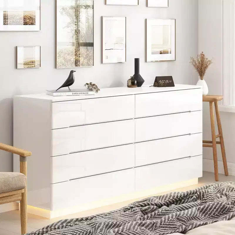 Hitow 8 Drawer Dresser with Underlight High Gloss Finish Modern Chest of Drawers