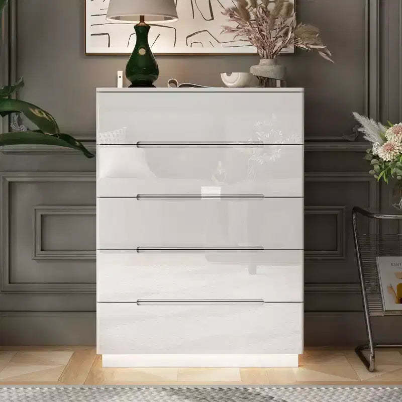 Hitow High Gloss 5 Drawer Dresser with Underlight Concealed Handle Chest of Drawers