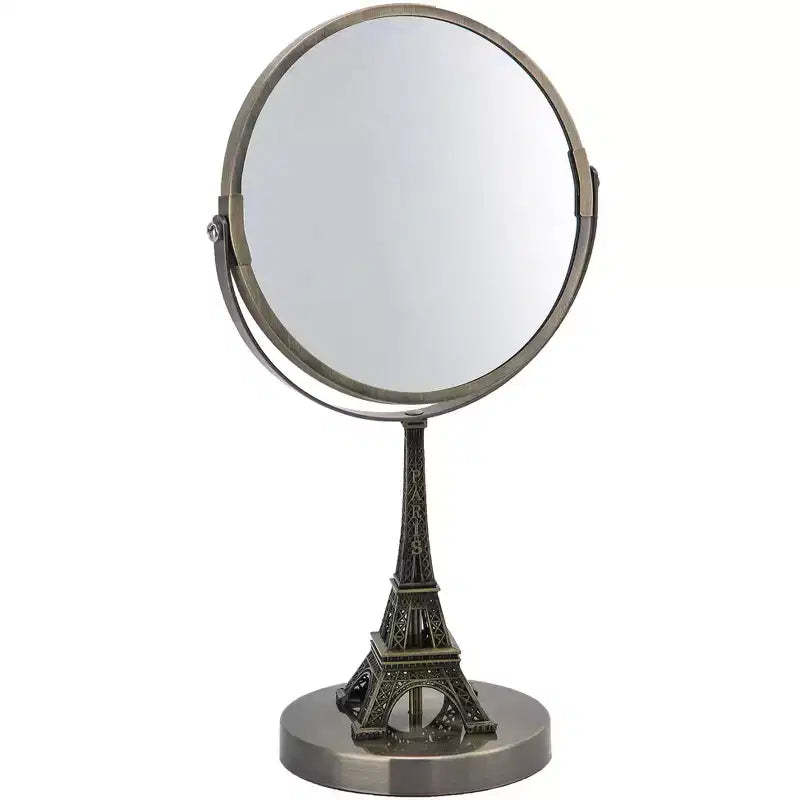 ELLE Eiffel Tower Embroidered Vanity Mirror Rustic Brushed Gold Finish, Double-Sided, Standard & 3X Magnification. The Parisians Lifestyle Collection