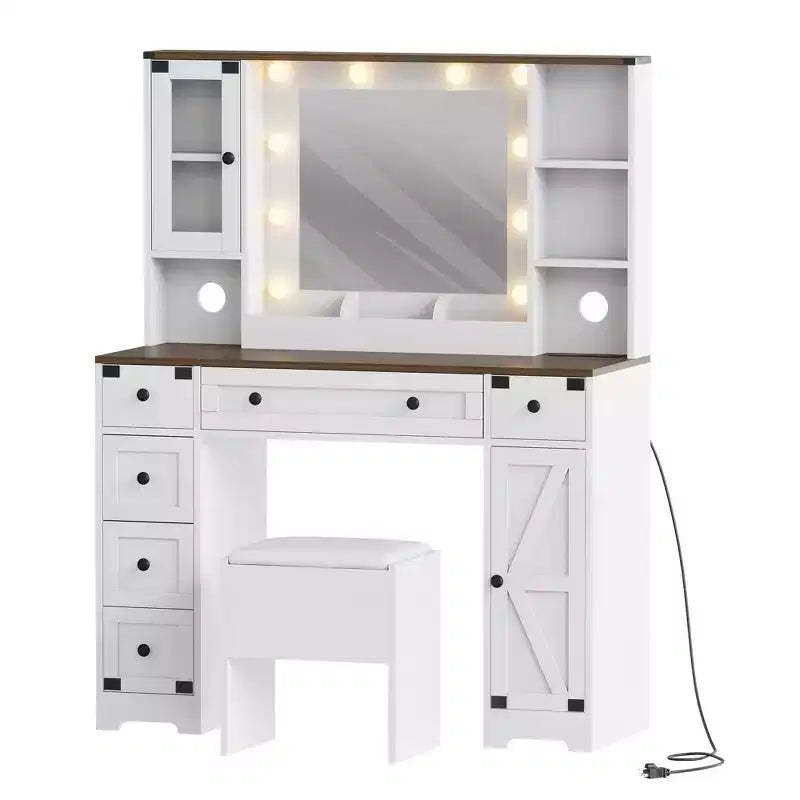 Makeup Vanity Desk, Adult Dressing Table Set, Vanity Desk with Lights Charging Station, Drawers, for Bathroom, Bedroom, White