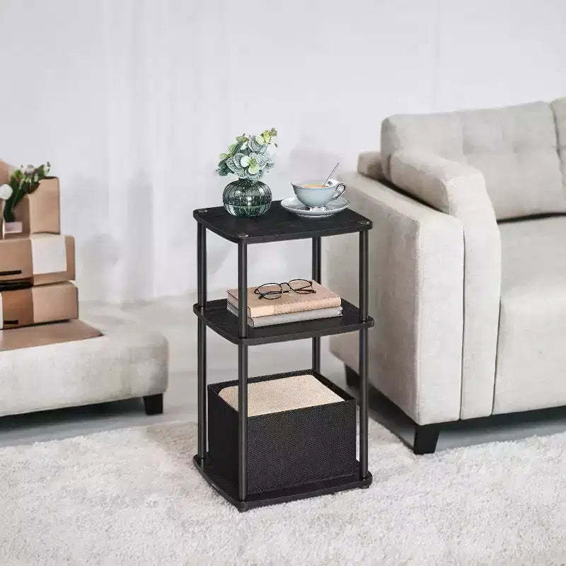 Side Table Nightstand End Table with 3 Storage Shelves Fabric Basket for Bedroom Living Room Ebony Walnut