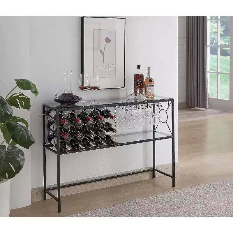 Kings Brand Furniture - Console Sofa Table with Wine Rack Storage, Wine Bar Cabinet with Wine Shelf and Glass Holder, Bronze/Glass