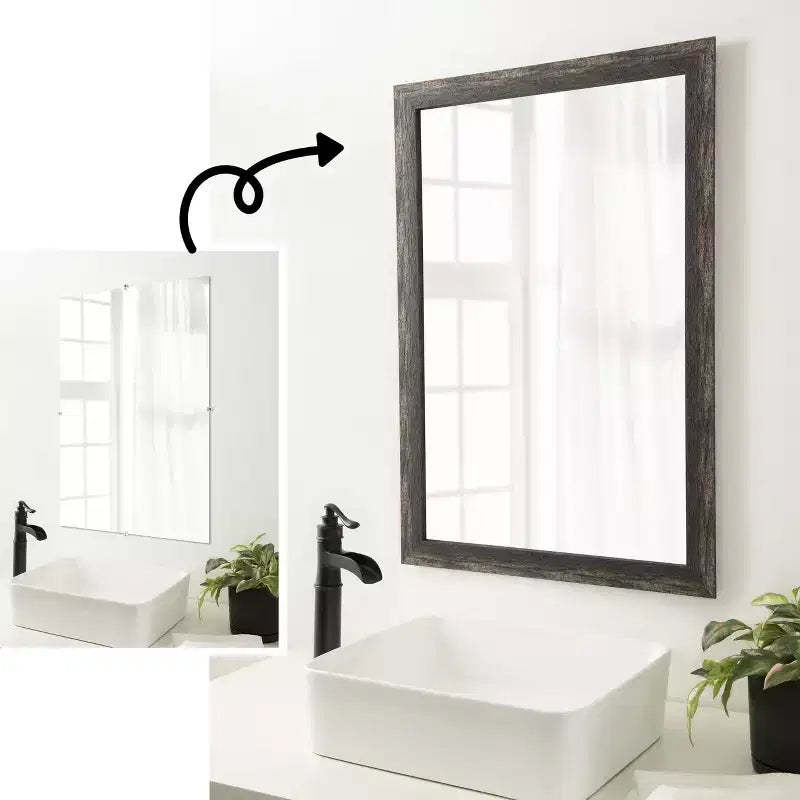 Amanti Art Mirror Makeover Bathroom Mirror Frame Border Kit - Fully Assembled Peel and Stick Frame - Mirror NOT Included - Bark Rustic Char Trim
