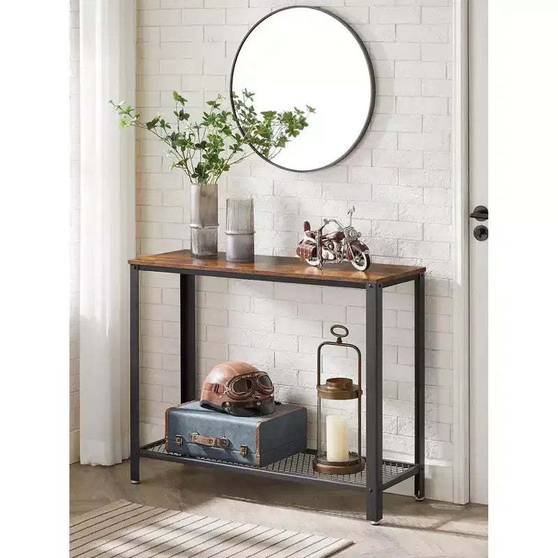 Console Table, 2-Tier Entryway Table with Mesh Shelf, Narrow Sofa Table, Steel Frame, Adjustable Feet Rustic Brown and Black