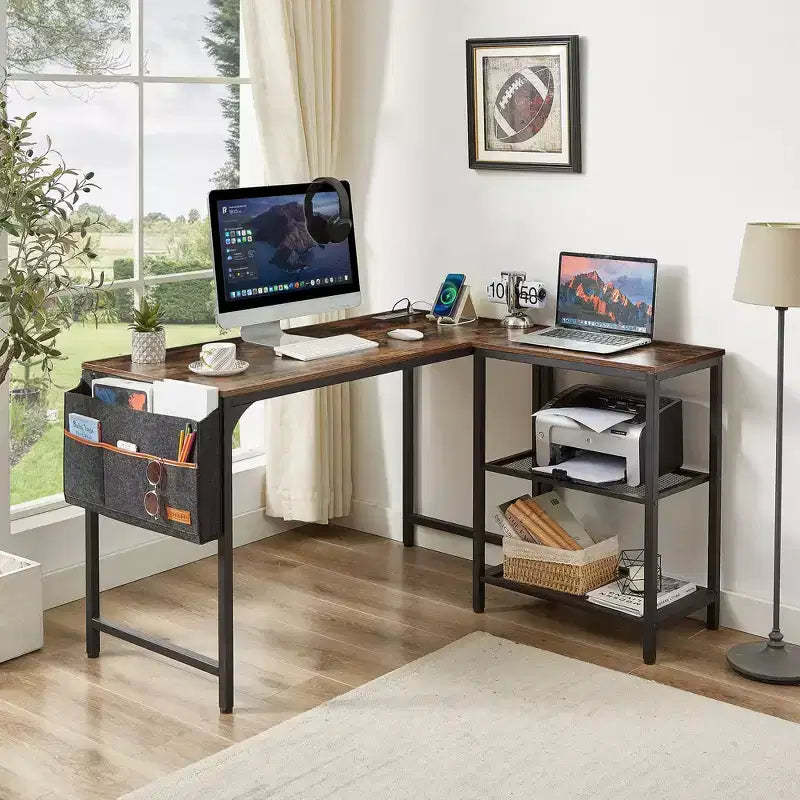 VECELO L Shaped Computer Desk Industrial Corner Gaming Desk with 2-Tier Open Shelf and Storage Pocket Brown