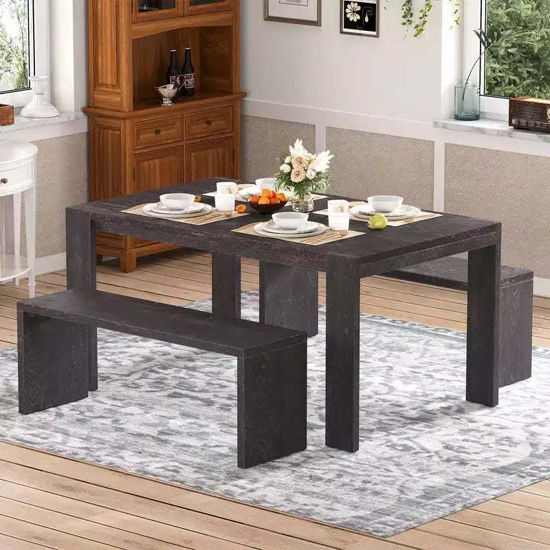 3-Piece Farmhouse Style Dining Set, Dining Table and 2 Benches for Dining Room, Kitchen and Living Room - ModernLuxe