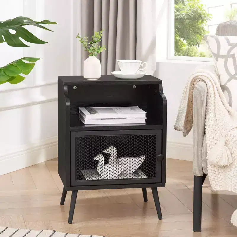 VECELO Mid-Century Nightstand Industrial Bedside End Table with Open Drawer Shelf Brown/Black