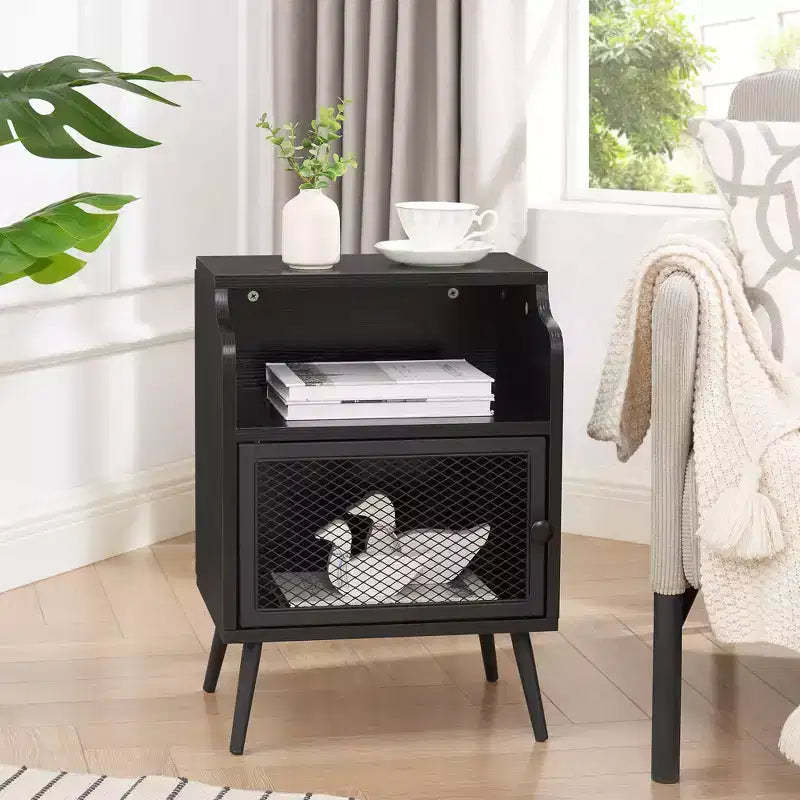 VECELO Mid-Century Nightstand Industrial Bedside End Table with Open Drawer Shelf Brown/Black