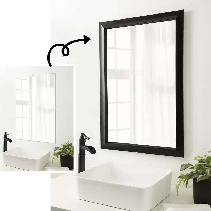 Amanti Art Mirror Makeover Bathroom Mirror Frame Border Kit - Fully Assembled Peel and Stick Frame - Mirror NOT Included - Grand Black Narrow Trim
