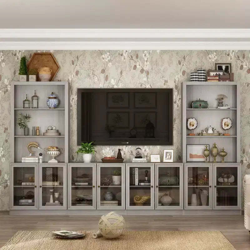 Famapy Gray Modular TV Console Large Entertainment Center Tempered Glass Display Cabinet
