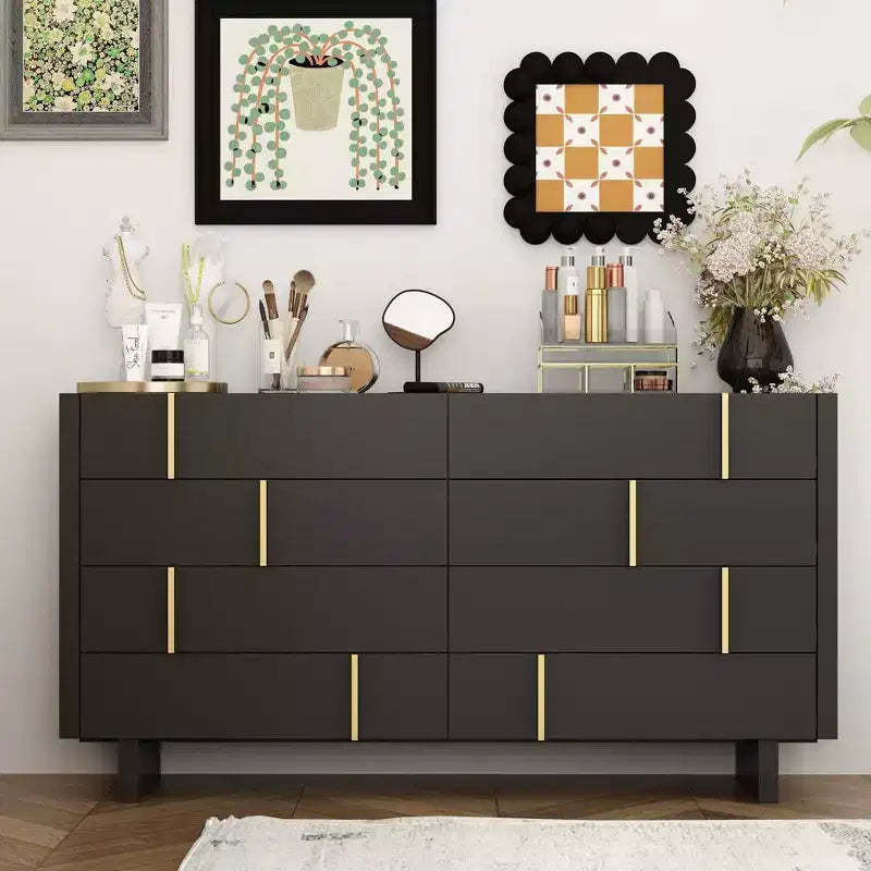 Famapy Eight Drawer Horizontal Dresser Sophisticated black finish and staggered gold knob design