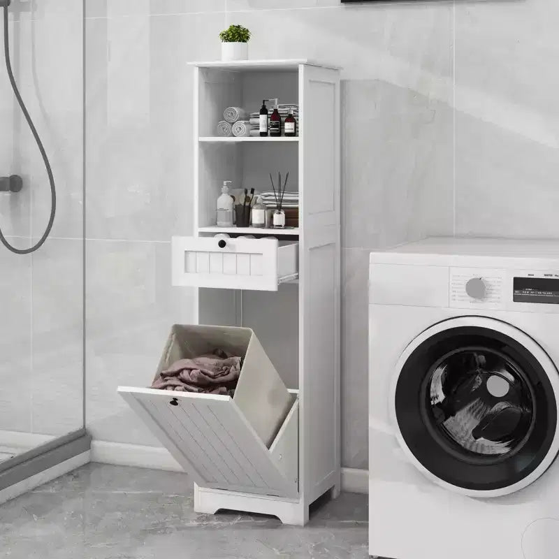 55'' Tall Bathroom Storage Cabinet, Hidden Tilt Out Laundry Hamper, Wooden Floor Cabinet For Laundry Room Living Room White