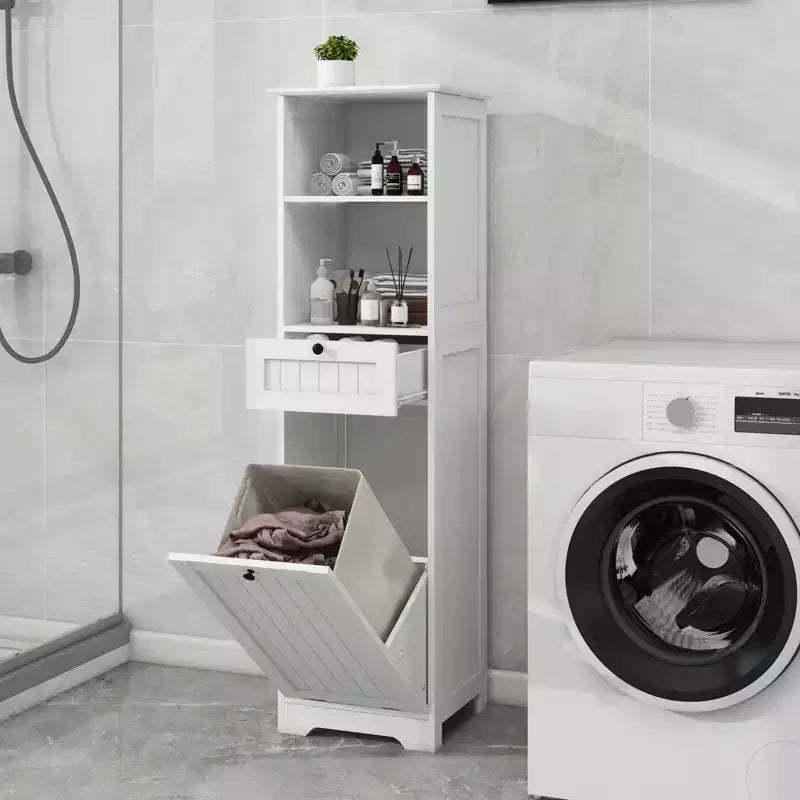 55'' Tall Bathroom Storage Cabinet, Hidden Tilt Out Laundry Hamper, Wooden Floor Cabinet For Laundry Room Living Room White