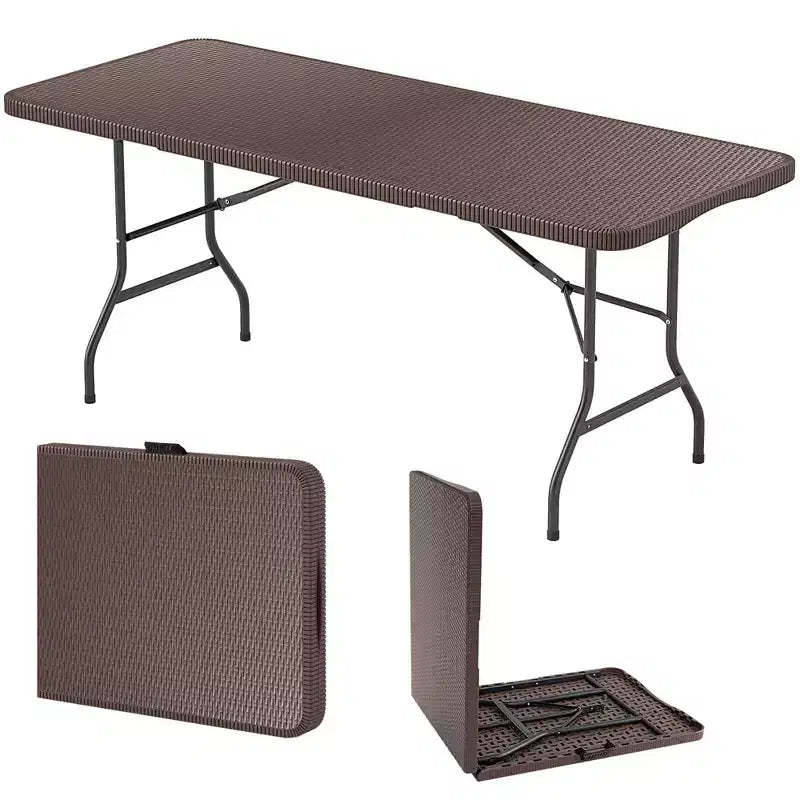 Costway 350 LBS Fold-in-Half Table with Rattan-Like HDPE Tabletop Safe Lock Mechanism