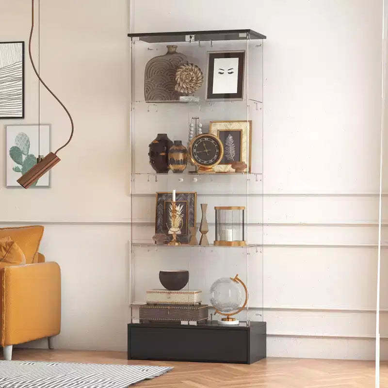 Famapy Black 2-Door 1-Drawer Glass Storage Cabinet Modern Display Unit Bookshelf Curio