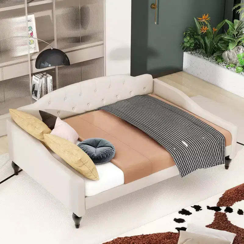 Full Size Upholstered Daybed, Tufted Sofa Bed Frame w/wo Drawers/Twin Size Trundle, Beige -ModernLuxe