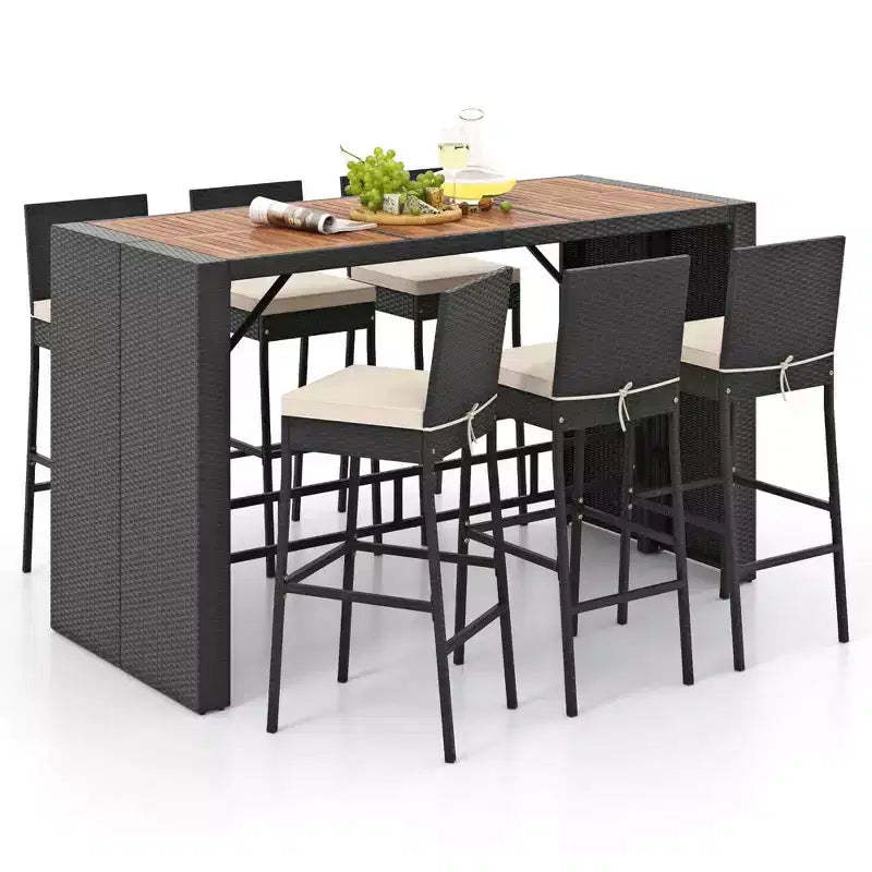 Costway 7 Pieces Patio Bar Set with Acacia Wood Tabletop & Removable Cushions Outdoor