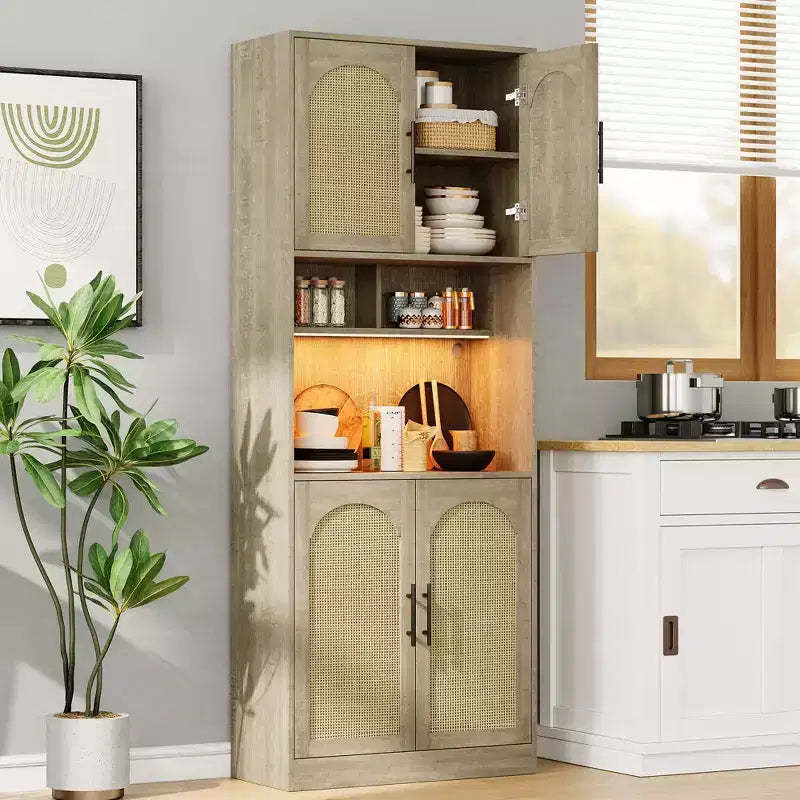 Garvee Kitchen Pantry Cabinet with RGB Light, Tall Kitchen Hutch Bar Cabinet with Microwave Stand,Wood Storage Cabinet,Cupboard for Dining Room, Oak