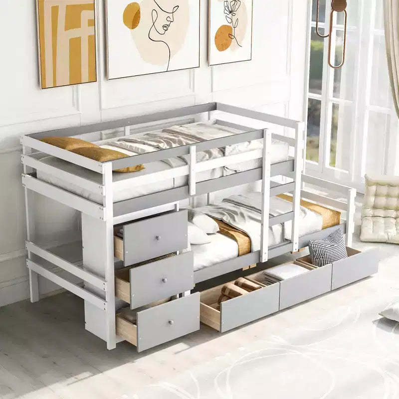 Twin over Twin Wooden Bunk Bed Frame with Drawers and Ladder -ModernLuxe