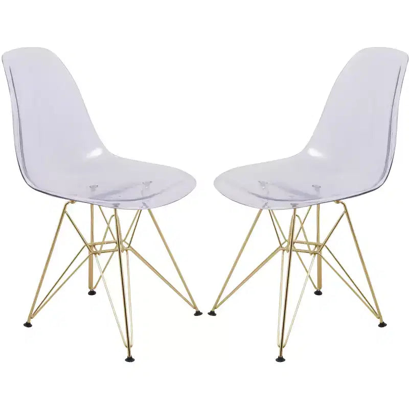 LeisureMod Cresco Modern Acrylic Dining Chairs (Set of 2)  Eiffel Gold Chrome Base, Stylish Accent Chairs for Contemporary Dining Rooms & Kitchens