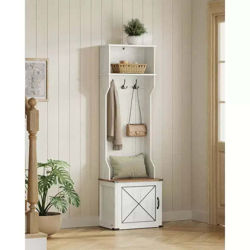 VASAGLE Hall Tree with Bench and Shoe Storage, Coat Rack with Shoe Bench, Entryway Furniture, 3 Tri-Hooks, Door with Handle, Rustic White