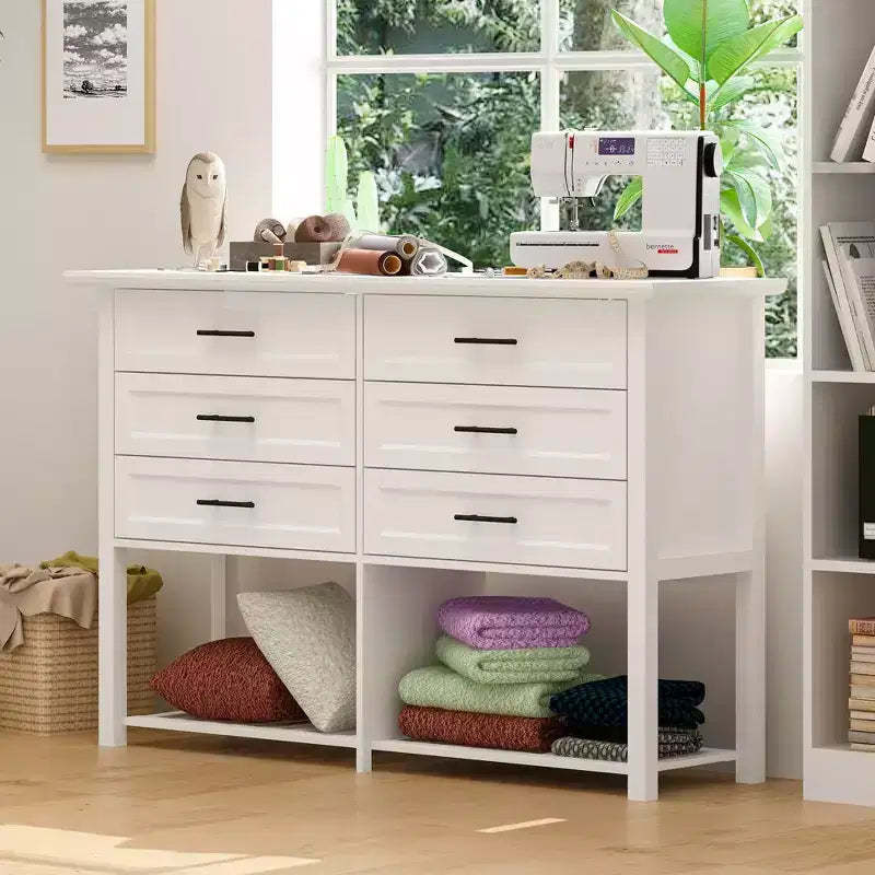 Famapy 6 Drawer Horizontal Dresser Bottom with Shelf Living Room Storage Cabinet White
