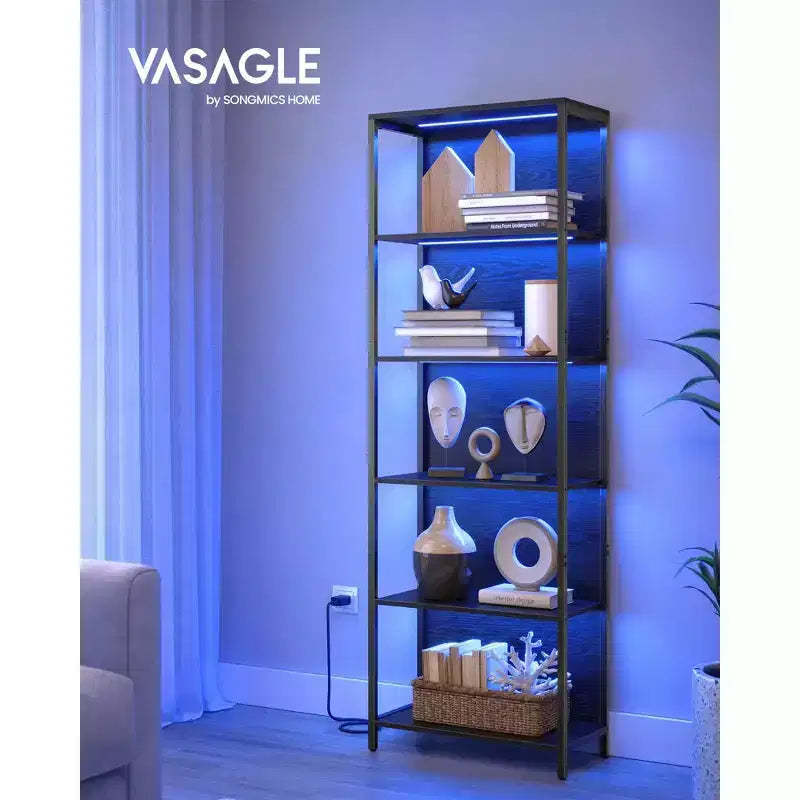 VASAGLE 6-Tier LED Bookshelf, Display Shelf with Dimmable Lights, LED Bookcase with Steel Frame, 11.9 x 23.6 x 70.3 Inches, Black with Wood Grain